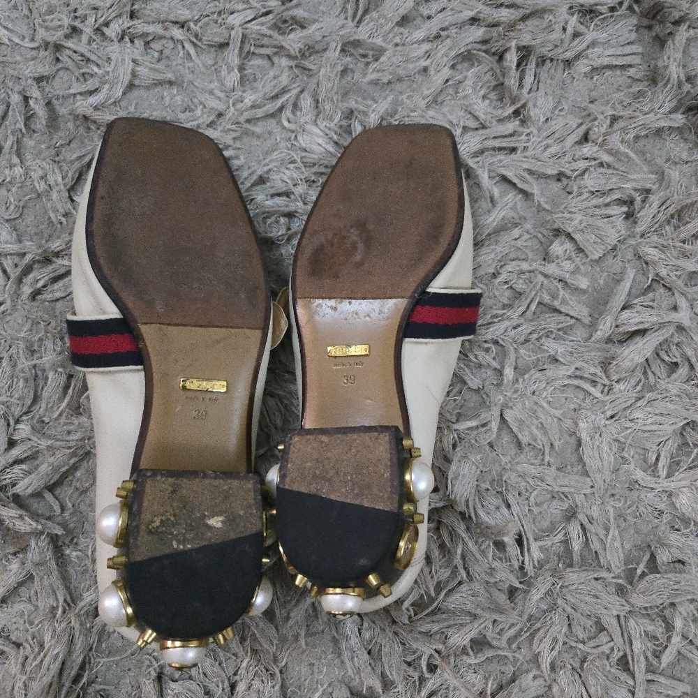 Gucci Peyton White Leather Loafers Pearl Heel Web Stripe GG Logo Sz 39 - Picture 8 of 11